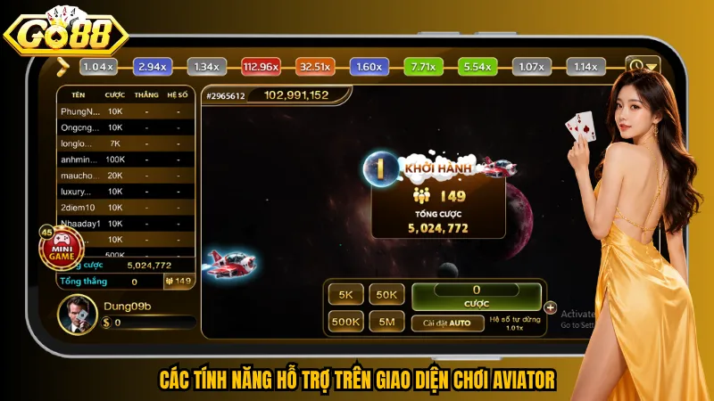 Các tính năng hỗ trợ trên giao diện chơi Aviator