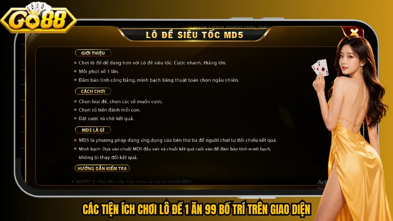 Các tiện ích chơi lô đề 1 ăn 99 bố trí trên giao diện